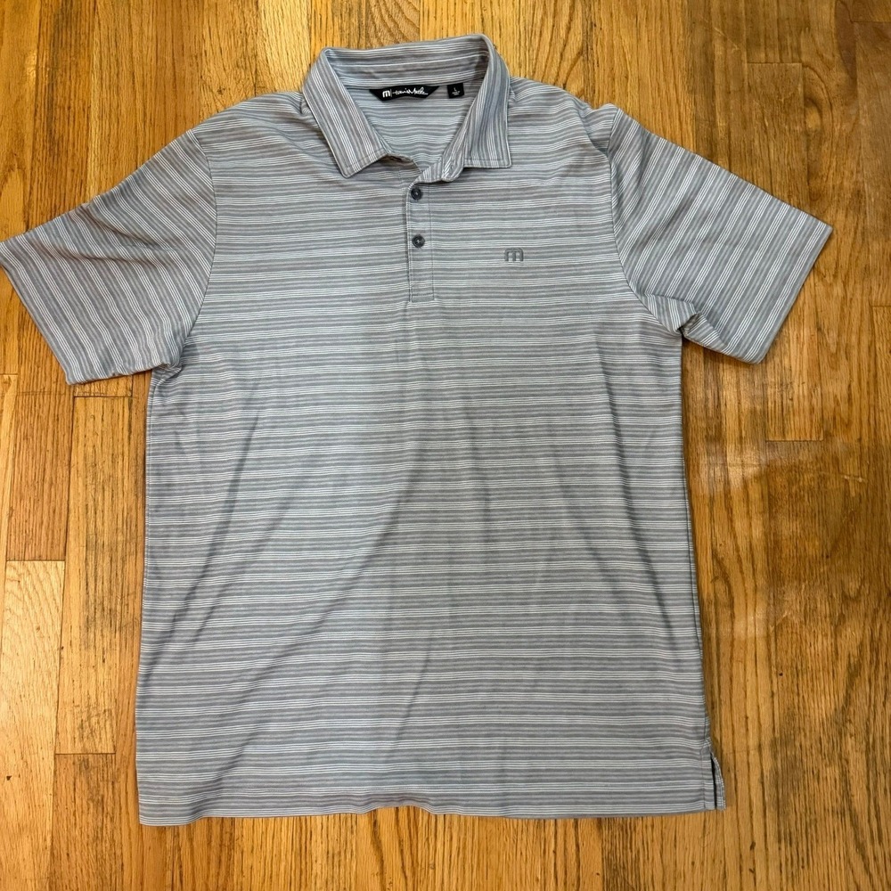 TravisMathew MEns Gray Striped Performance Golf Polo Shirt Size L Short Sleeve